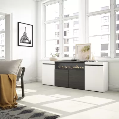 Buffet avec cheminée électrique | Blanc et noir | 200x35x75cm