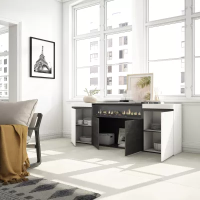 Buffet avec cheminée électrique | Blanc et noir | 200x35x75cm