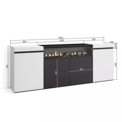 Buffet avec cheminée électrique | Blanc et noir | 200x35x75cm