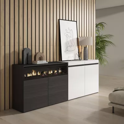 Buffet avec cheminée électrique | Blanc et noir | 200x35x75cm