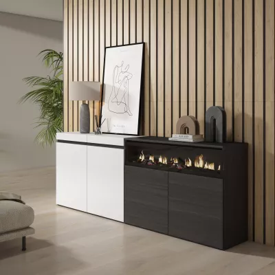 Buffet avec cheminée électrique | Blanc et noir | 200x35x75cm