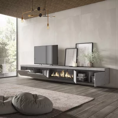 Meuble TV suspendu avec cheminée électrique | Gris | 368x35x45