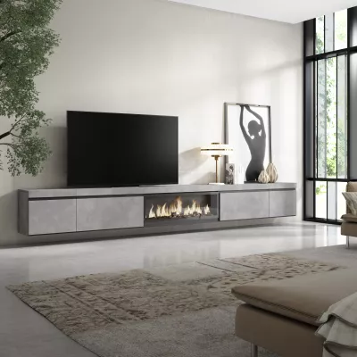 Meuble TV suspendu avec cheminée électrique | Gris | 368x35x45