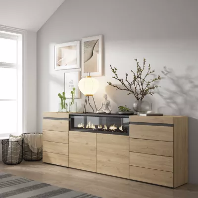 Cómoda con chimenea eléctrica y cajones | Roble | 214x35x75cm