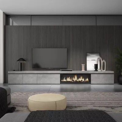 Meuble TV avec cheminée électrique | Gris Ciment | 368x35x45cm
