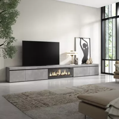 Meuble TV avec cheminée électrique | Gris Ciment | 368x35x45cm