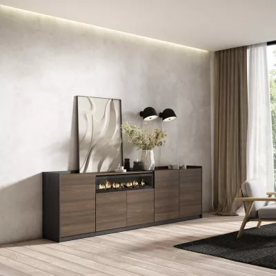 Buffet avec cheminée électrique | Chêne foncé et Noir