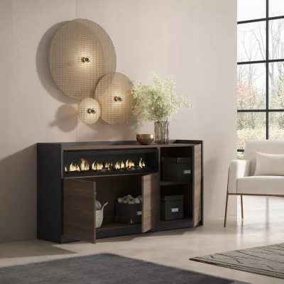 Buffet avec cheminée électrique | Chêne foncé et Noir