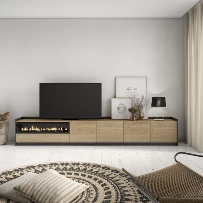 Meuble TV avec cheminée électrique | chêne et noir