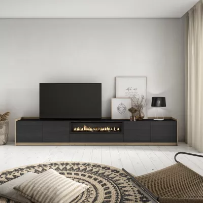 Mueble TV con chimenea eléctrica | Negro y roble