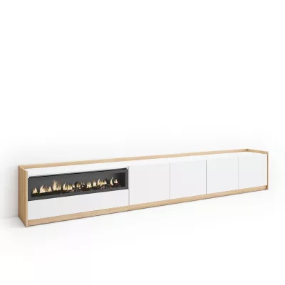 Mueble TV con chimenea eléctrica claro | blanco y roble