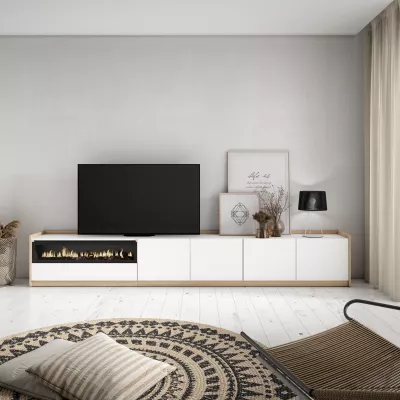 Meuble TV avec cheminée électrique claire | blanc et chêne