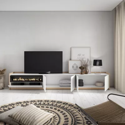 Meuble TV avec cheminée électrique claire | blanc et chêne