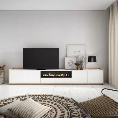 Mueble TV con chimenea eléctrica claro | blanco y roble