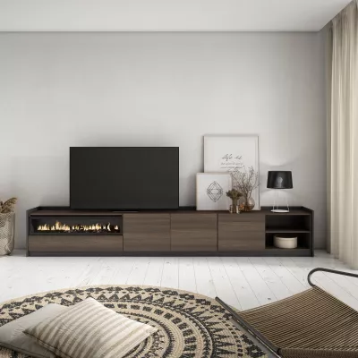 Meuble TV avec cheminée électrique | chêne foncé et noir