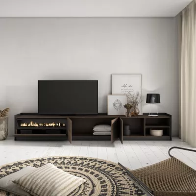 Meuble TV avec cheminée électrique | chêne foncé et noir