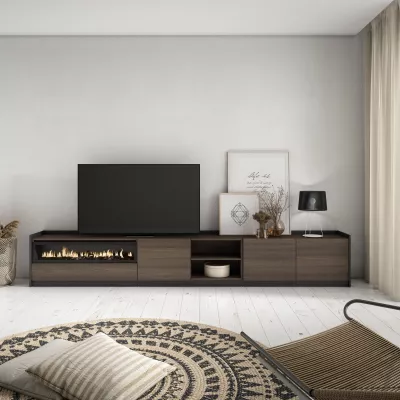 Meuble TV avec cheminée électrique | chêne foncé et noir