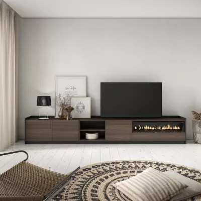 Meuble TV avec cheminée électrique | chêne foncé et noir