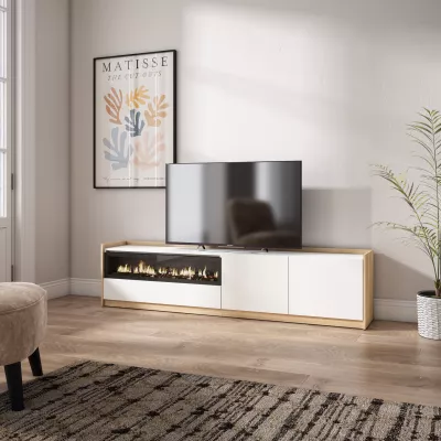 Mueble TV con chimenea eléctrica claro | blanco y roble