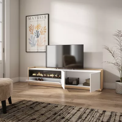Mueble TV con chimenea eléctrica claro | blanco y roble