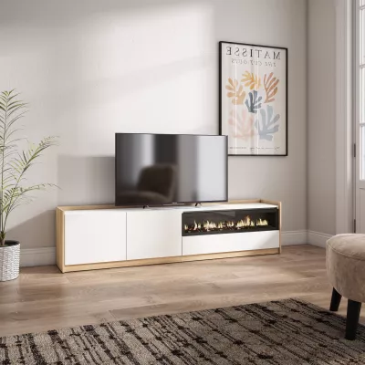 Mueble TV con chimenea eléctrica claro | blanco y roble