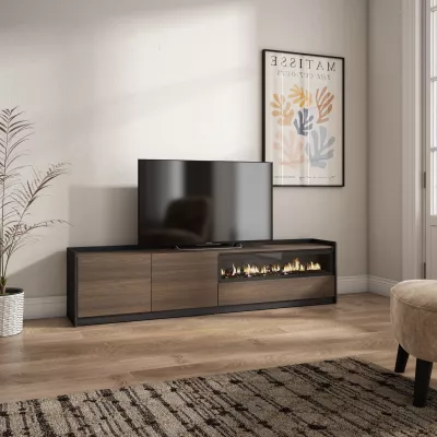 Meuble TV avec cheminée électrique | Chêne foncé et noir