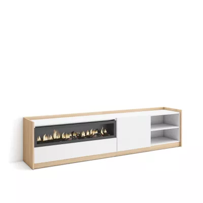 Mueble TV con chimenea eléctrica claro | blanco y roble