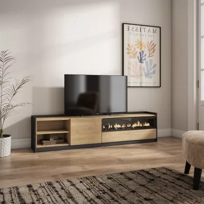 Mueble TV con chimenea eléctrica | roble y negro