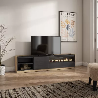 Meuble TV avec cheminée électrique | noir et chêne