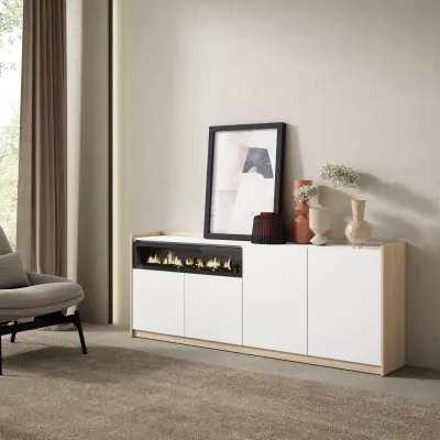 Aparador con chimenea eléctrica claro | Blanco y roble