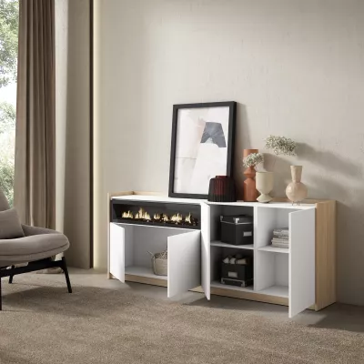 Aparador con chimenea eléctrica claro | Blanco y roble