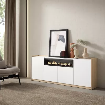 Aparador con chimenea eléctrica claro | Blanco y roble