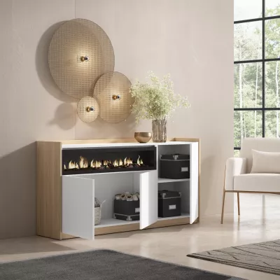 Aparador con chimenea eléctrica claro | Blanco y roble