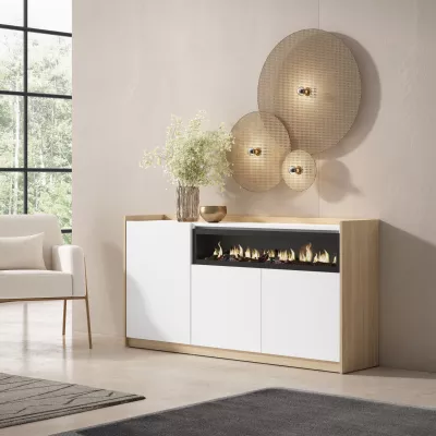Aparador con chimenea eléctrica claro | Blanco y roble