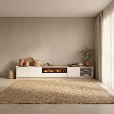 Mueble TV con chimenea eléctrica claro | blanco y roble