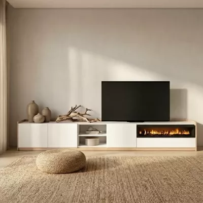 Mueble TV con chimenea eléctrica claro | blanco y roble