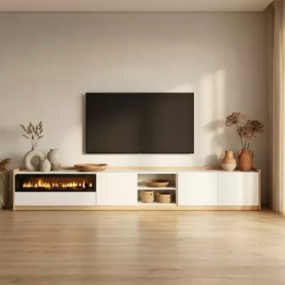 Meuble TV avec cheminée électrique clair | blanc et chêne