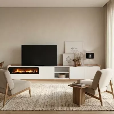 Mueble TV con chimenea eléctrica claro | blanco y roble