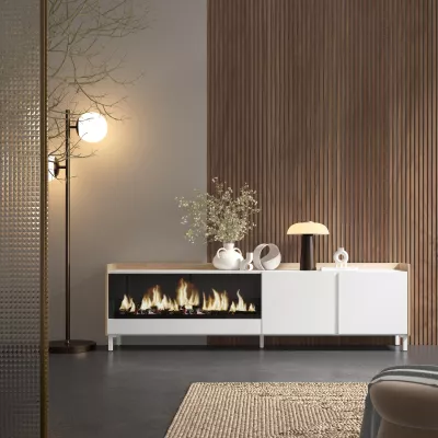Mueble TV chimenea eléctrica blanco y roble 212x61x35 cm