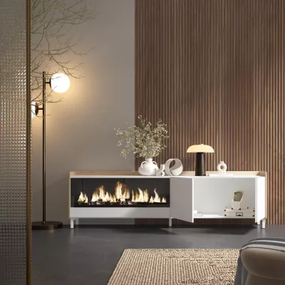 Mueble TV chimenea eléctrica blanco y roble 212x61x35 cm