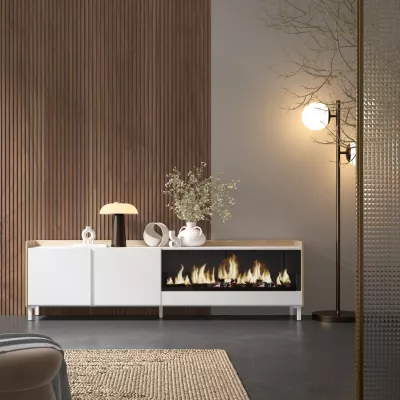 Mueble TV chimenea eléctrica blanco y roble 212x61x35 cm
