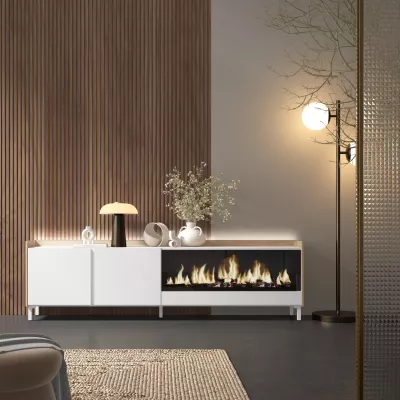 Mueble TV con chimenea eléctrica y luces LED estilo industrial