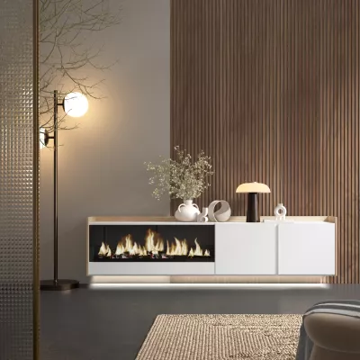 Meuble TV avec cheminée électrique, lumières LED et suspendu