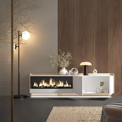 Mueble TV con chimenea eléctrica, luces LED y suspendido