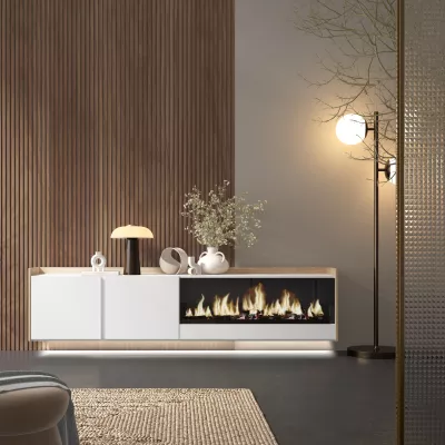 Meuble TV avec cheminée électrique, lumières LED et suspendu