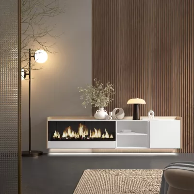 Meuble TV suspendu avec cheminée électrique et lumières LED