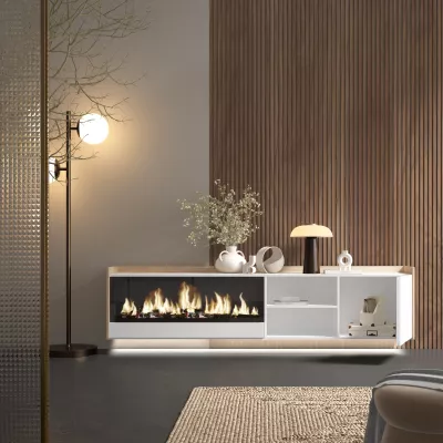 Meuble TV suspendu avec cheminée électrique et lumières LED