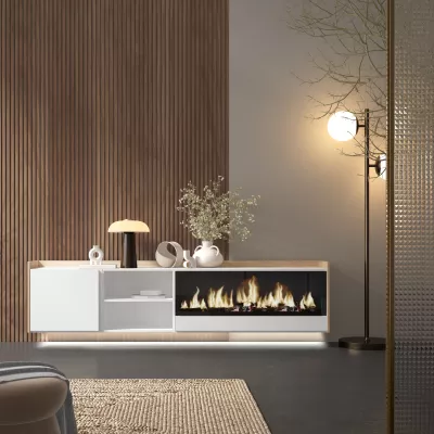 Mueble TV suspendido con chimenea eléctrica y luces LED