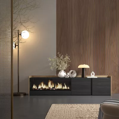 Meuble TV avec cheminée électrique | Noir et chêne