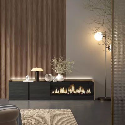 Mueble TV con chimenea eléctrica y luces LED